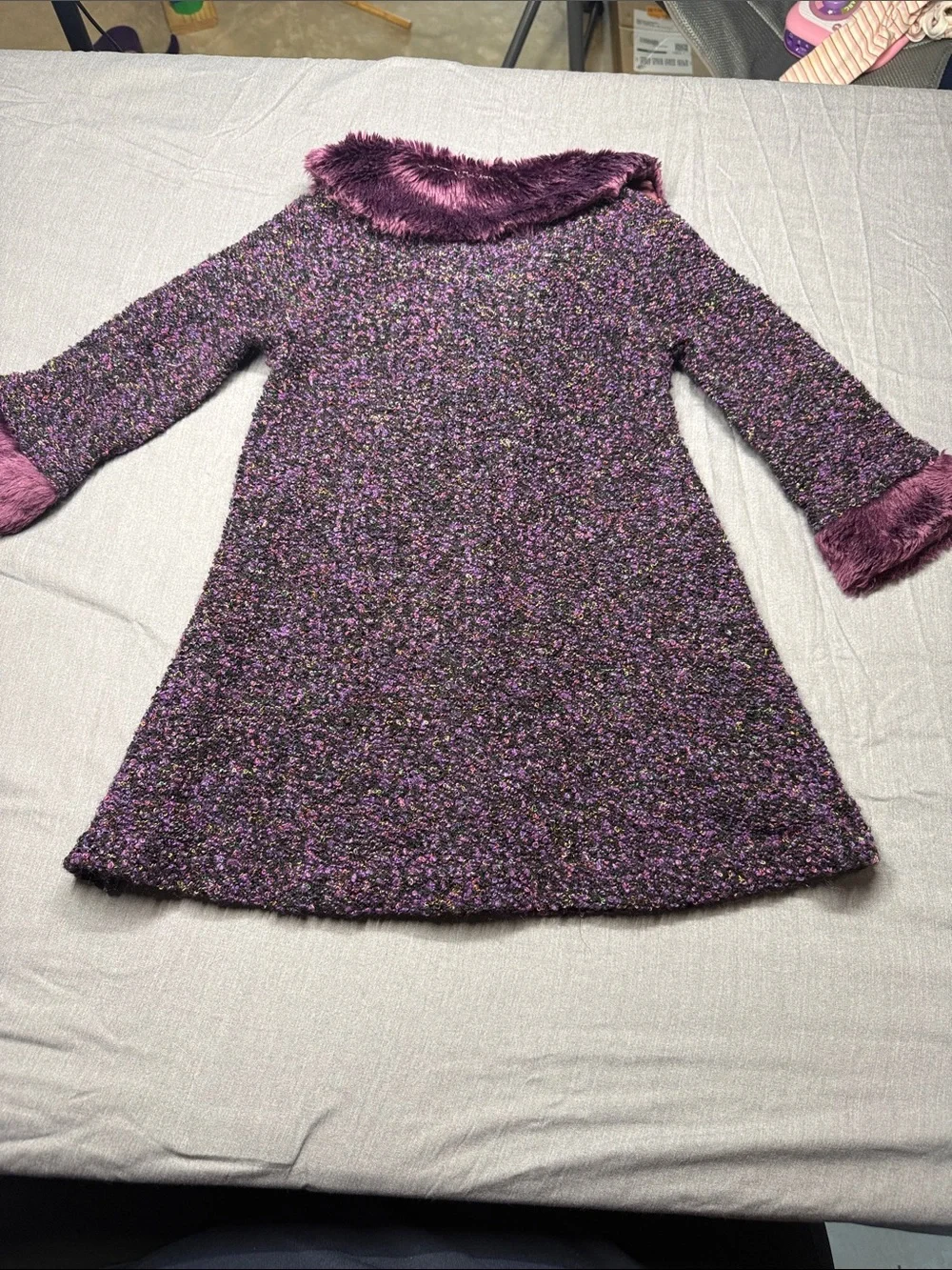 Blueberi Boulevard Girls' Purple Faux-Fur Trim Pea Coat